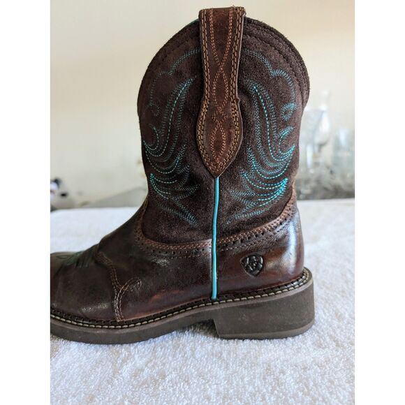 Ariat Women Western Boots Brown Turquoise Stitching Leather Round Toe - Picture 12 of 15